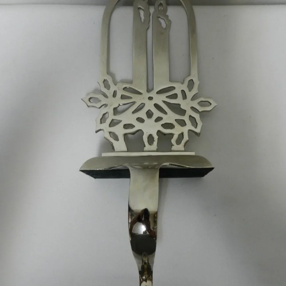 Vintage Candle Poinsettia Snowflake Christmas stocking holder hanger Silver tone